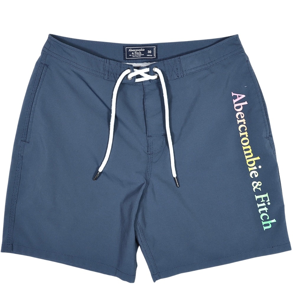 Abercrombie & Fitch Board Shorts Mens 30 Blue Rainbow Logo Stretch Beach Swim